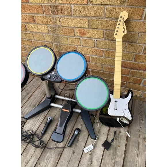 Rock Band Bundle PS3 Console, Wired Drums, Fender Stratocaster W/ Dongle, 2X Mic - Picture 7 of 14